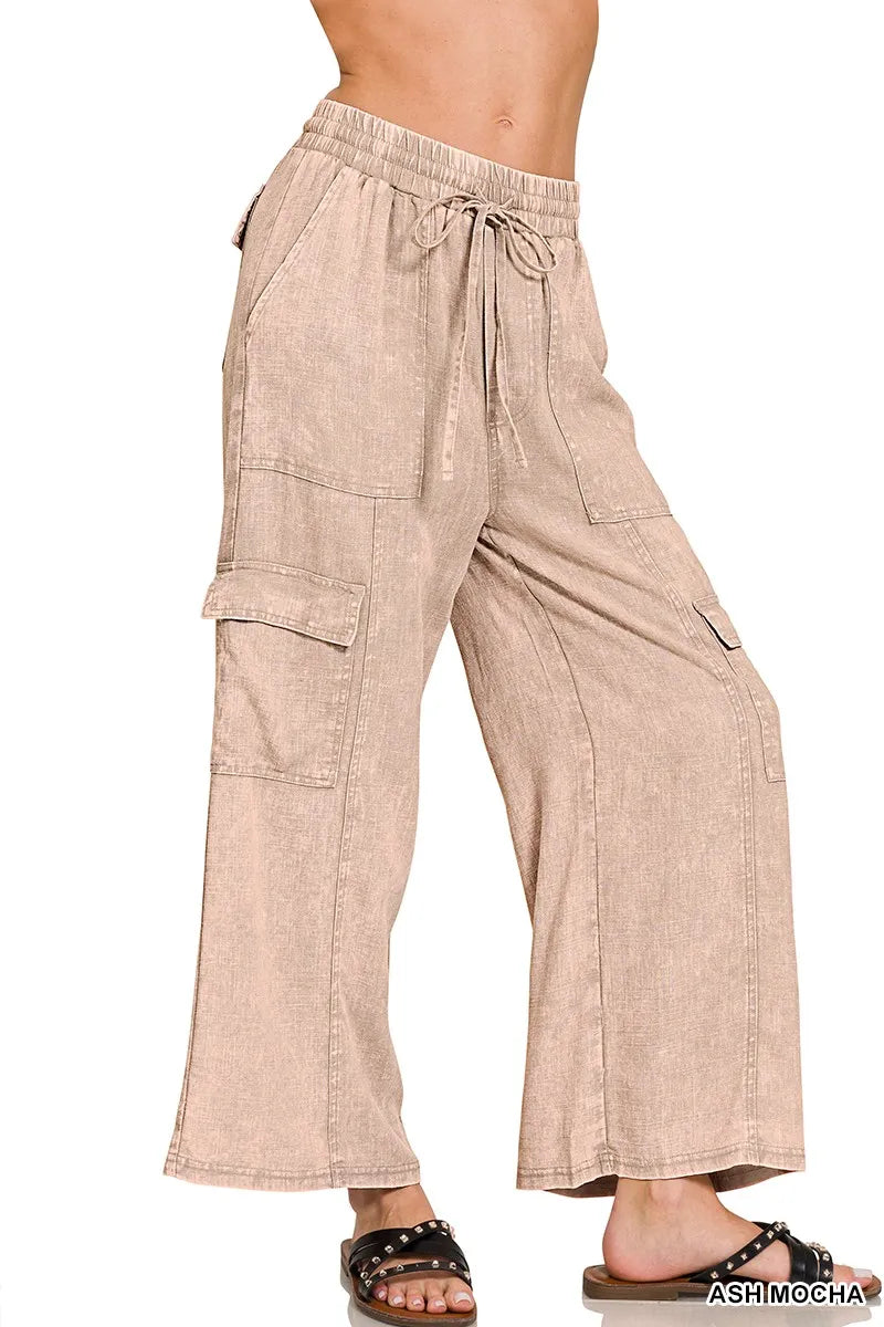 Zenana Washed Linen Elastic Band Waist Womens Cargo Pants