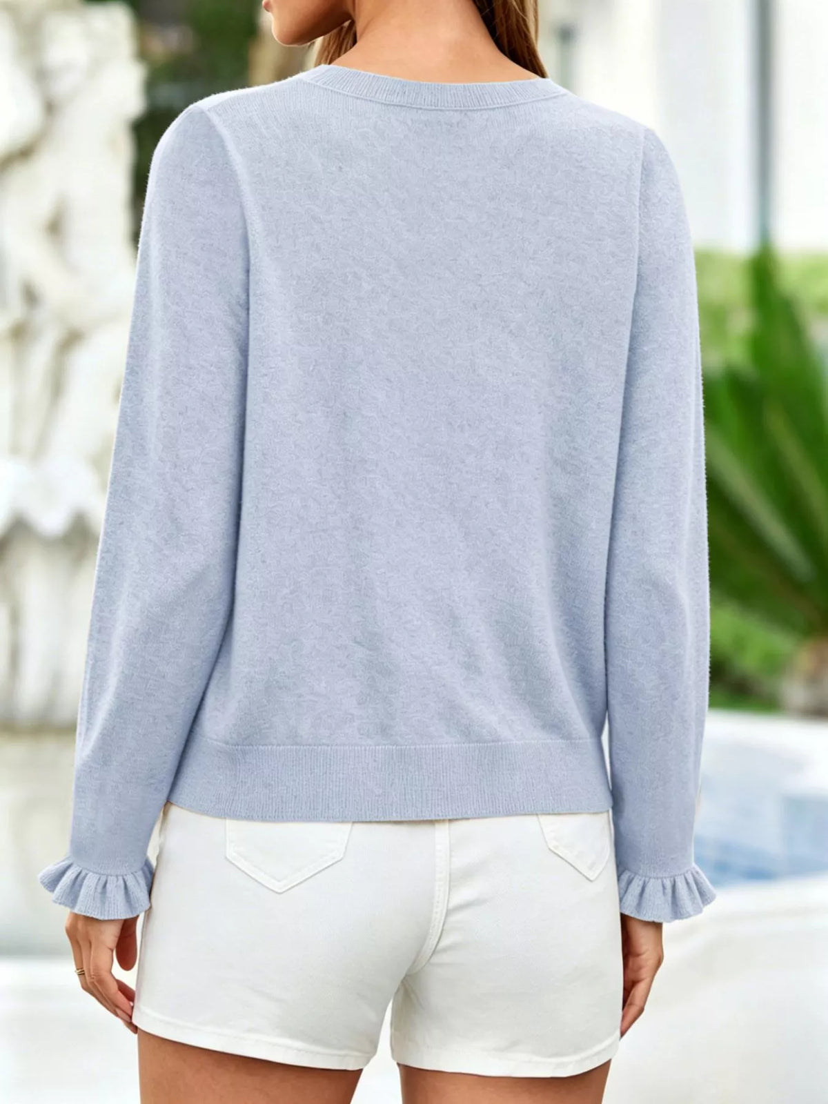 Ruffle-Trimmed Button-Down Knit Cardigan