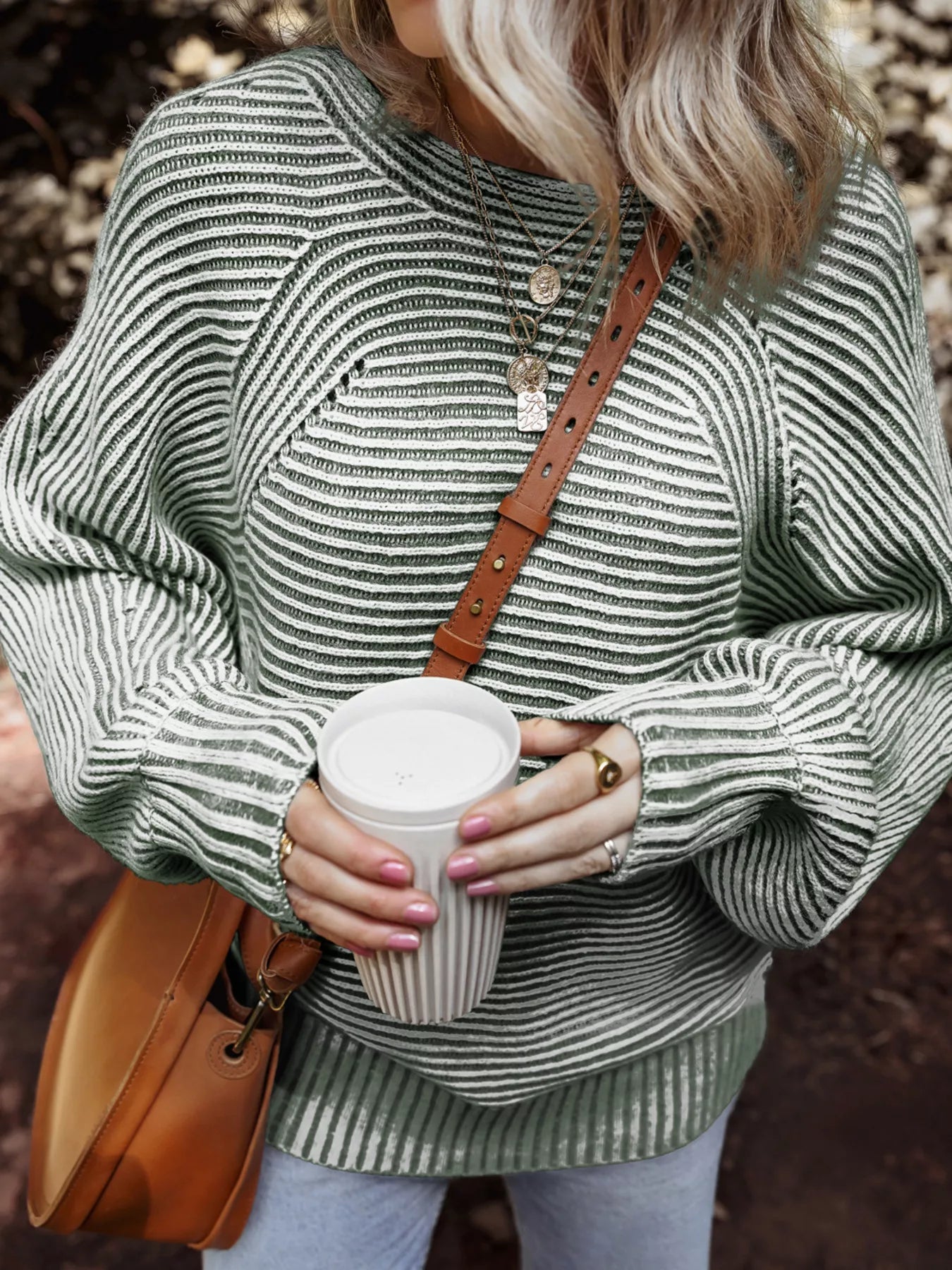 Striped Ribbed Knit Boat Neck Baggy Sweater