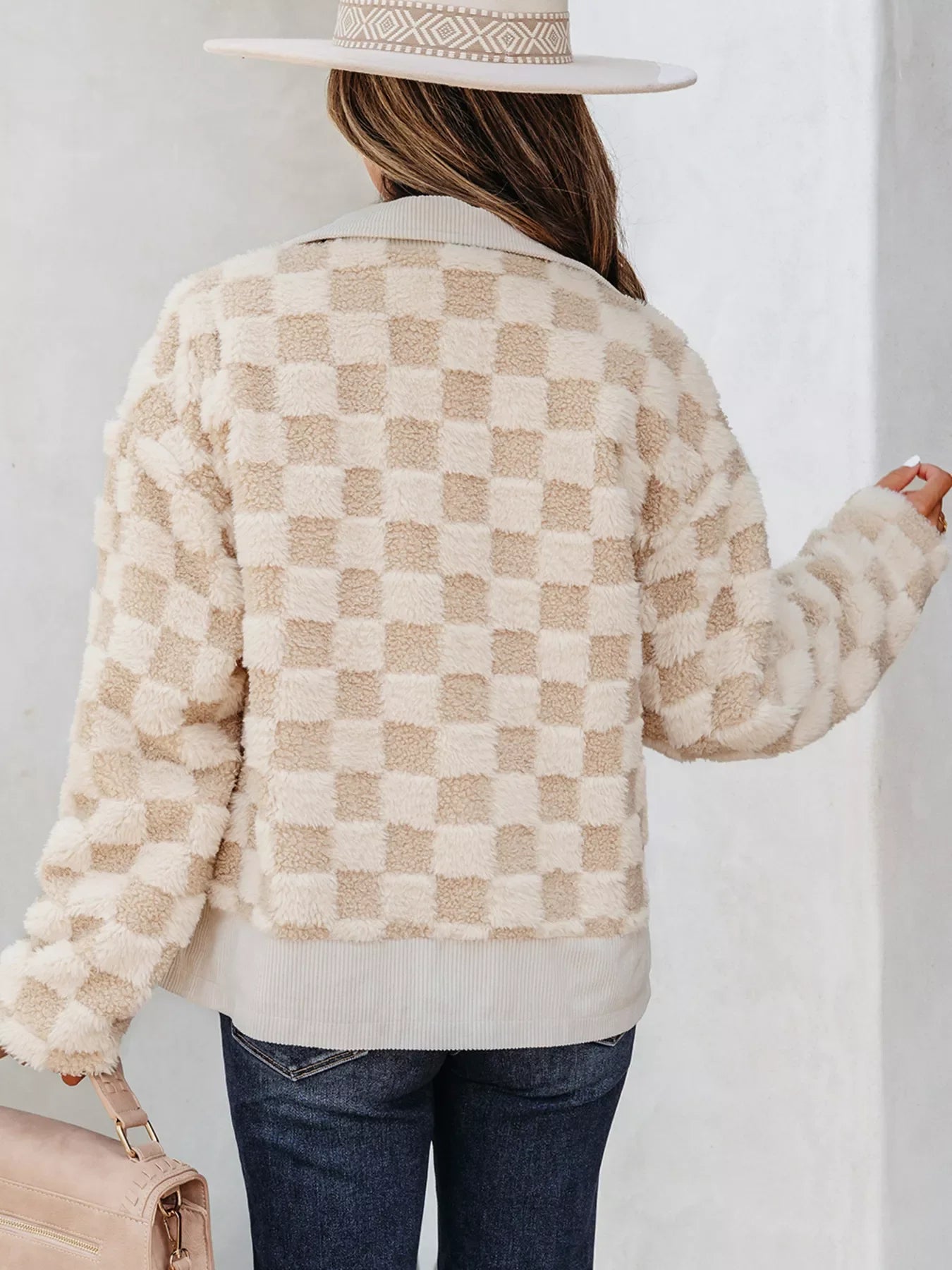 Checker Sherpa Corduroy Patchwork Zip Up Jacket