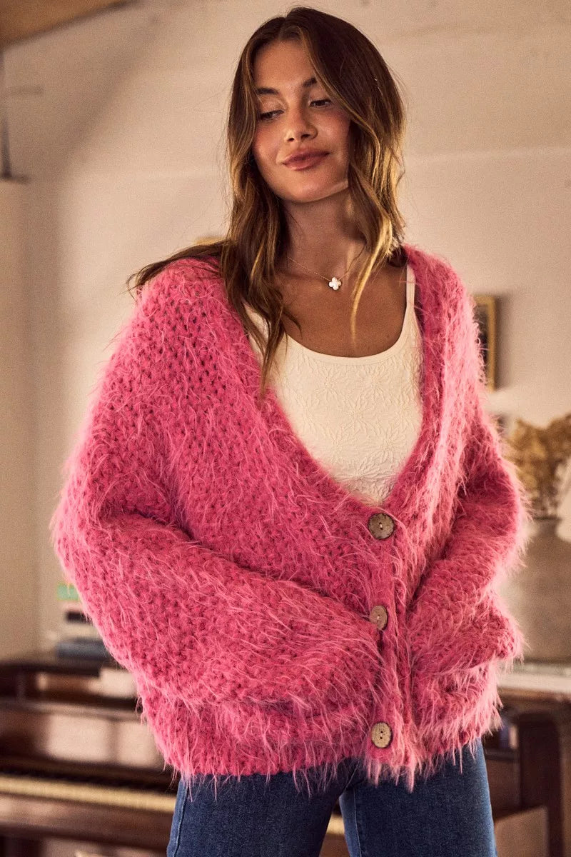 SO ME Soft Touch Hairy Loose Fit Cozy Sweater Cardigan