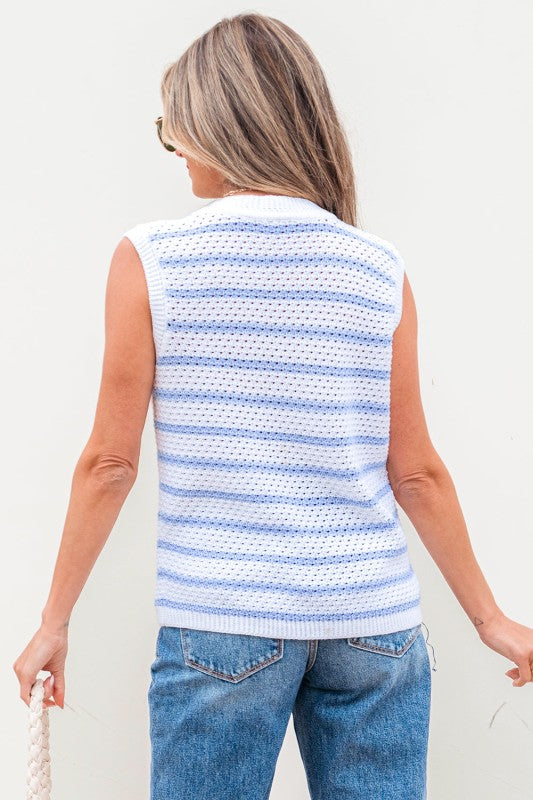 Stripe Buttoned V-Neck Sweater Knit Top