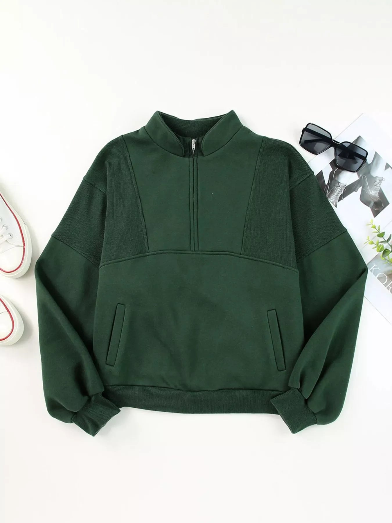 Half Zip Stand Collar Exposed Seam Solid Color Casual Sweatshirt