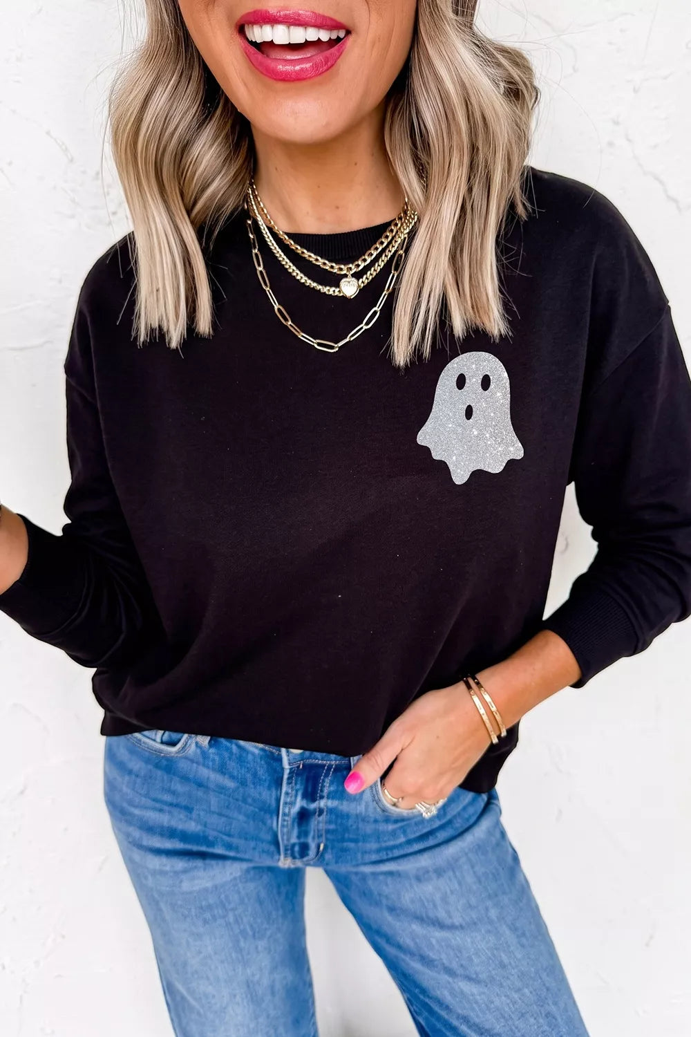 Round Neck Ghost Print Regular Fit Graphic Long Sleeve T-Shirt