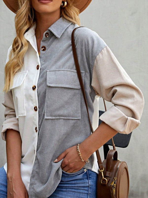 Corduroy Boho Patch Button Shirt Shacket