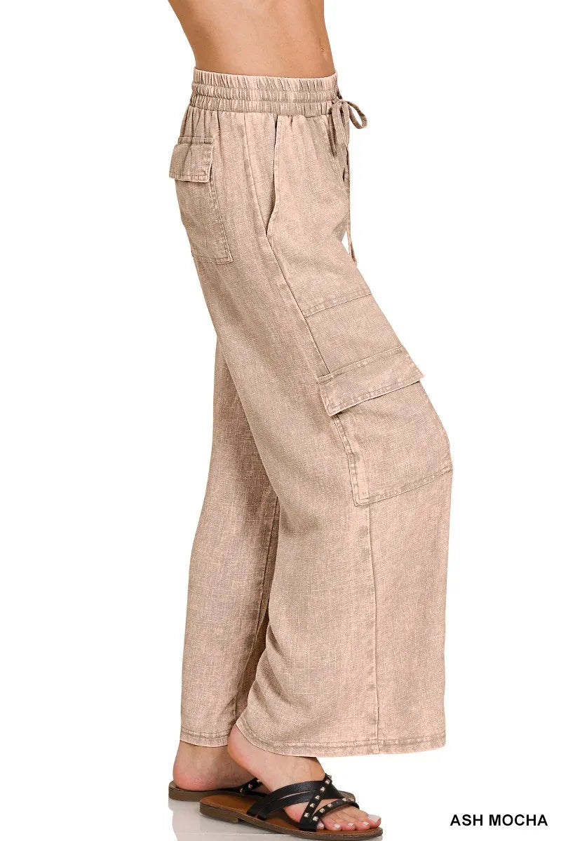 Zenana Washed Linen Elastic Band Waist Womens Cargo Pants