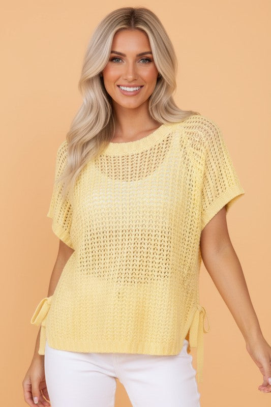 Hollow-out Crochet Tie Side Short Sleeve Sweater