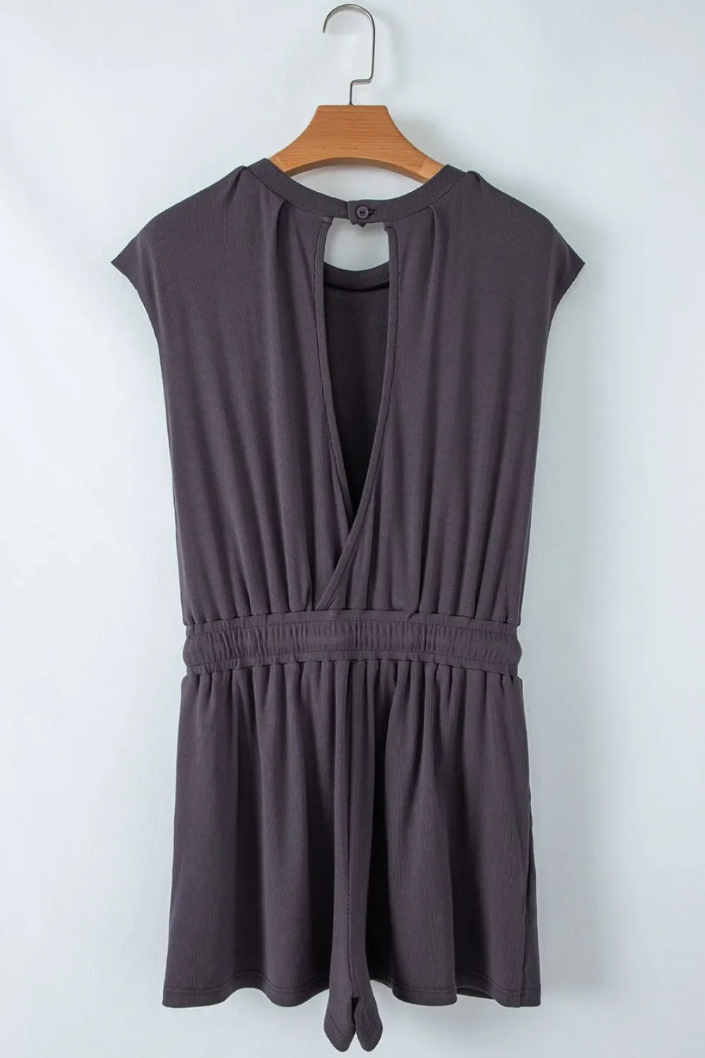 Knit Open Back Cap Sleeve Drawstring Romper
