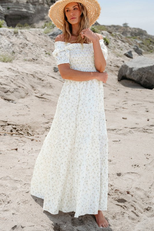 Floral Frilly Shirred Bodice Tiered Maxi Dress