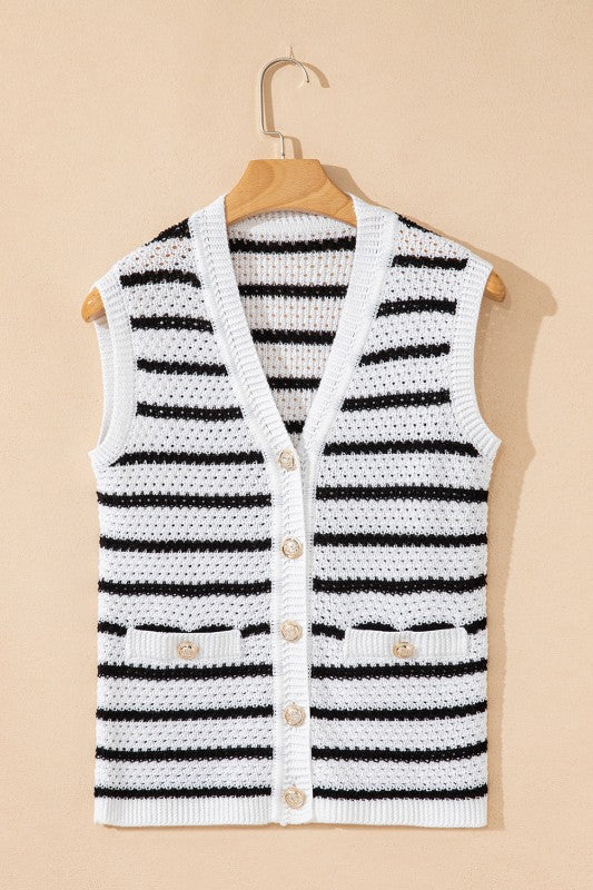 Stripe Buttoned V-Neck Sweater Knit Top