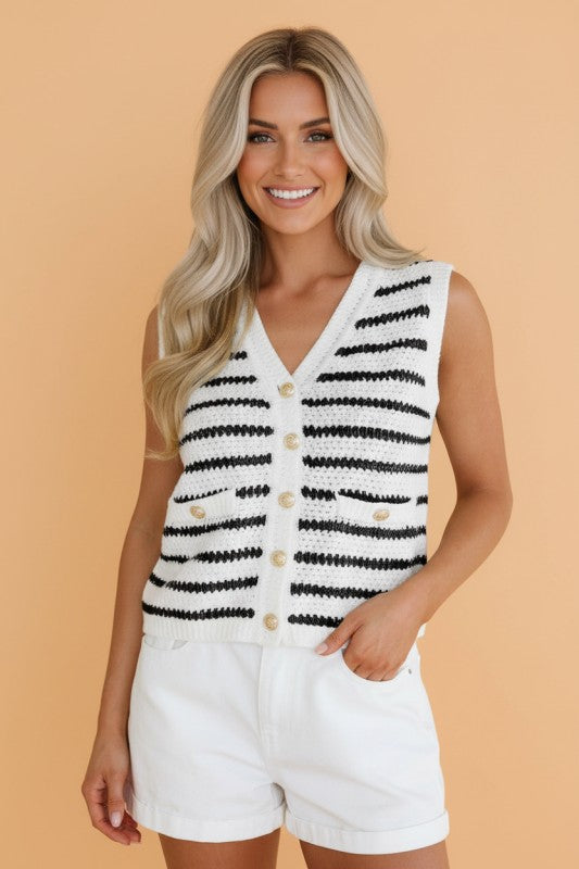 Stripe Buttoned V-Neck Sweater Knit Top