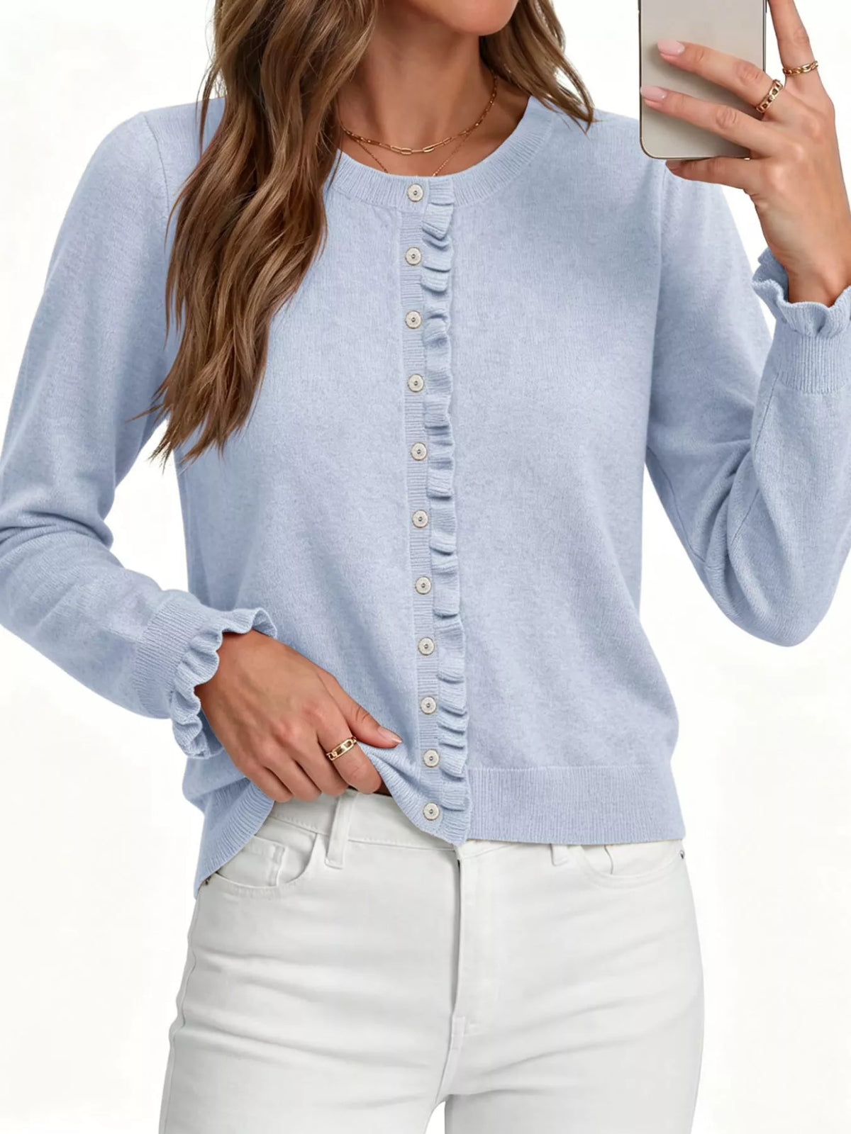 Ruffle-Trimmed Button-Down Knit Cardigan