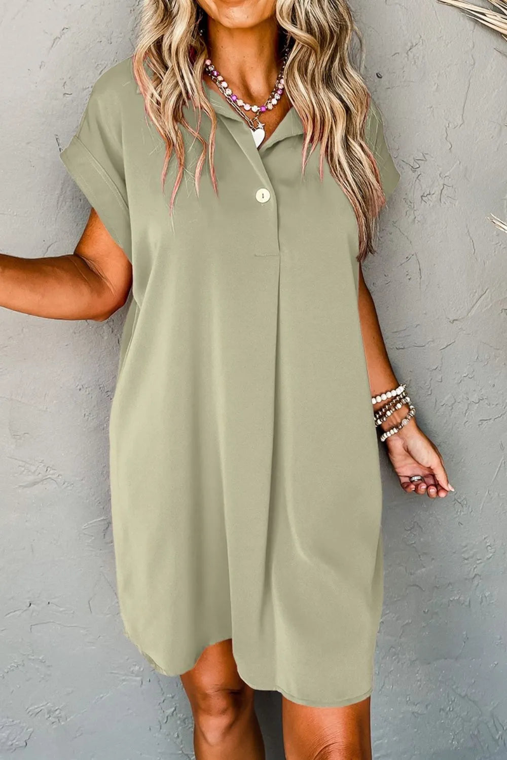 Collared Neck Short Sleeve Mini Dress