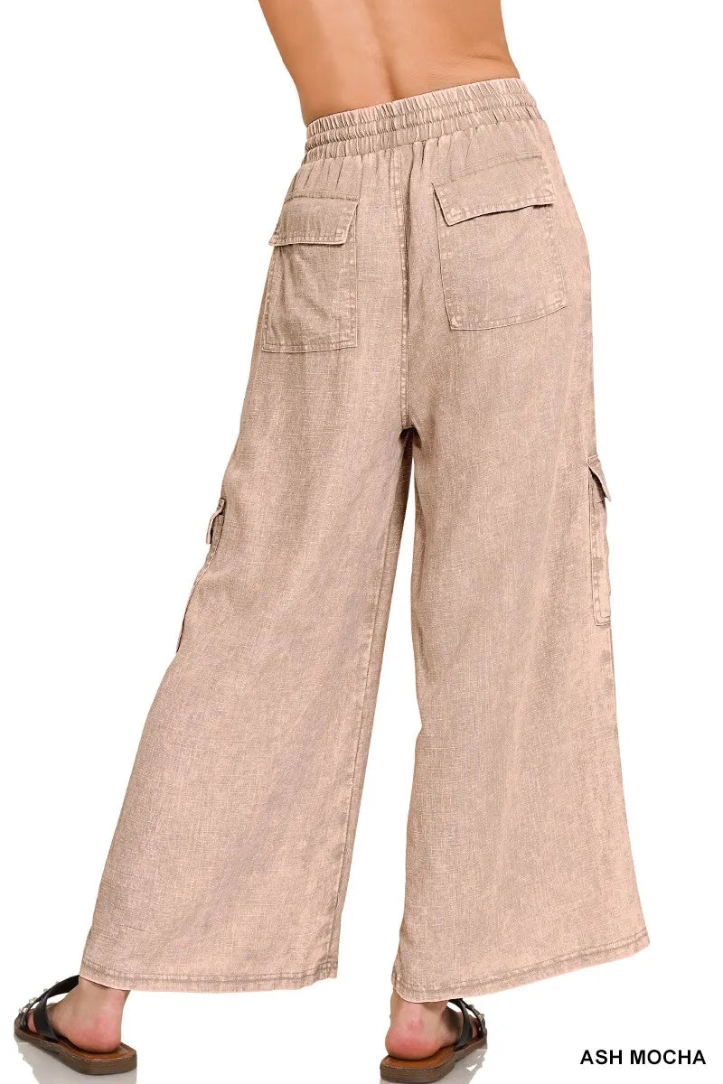 Zenana Washed Linen Elastic Band Waist Womens Cargo Pants
