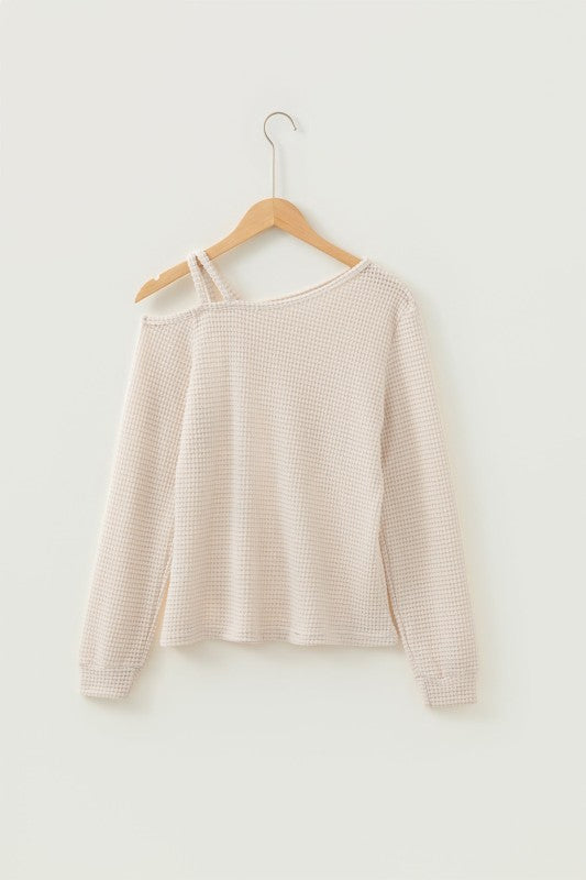 Textured Knit Asymmetric Shoulder Long Sleeve Top