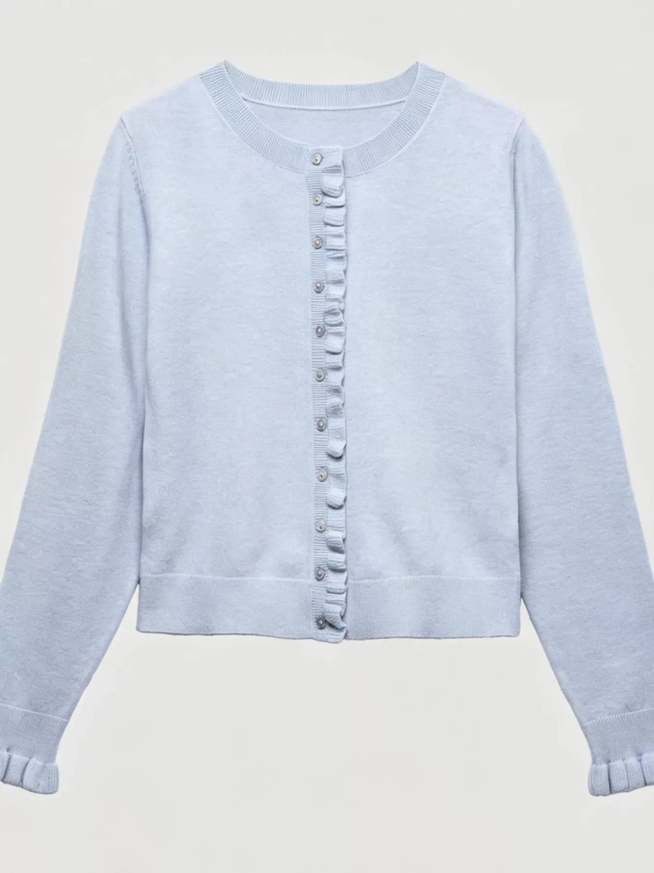 Ruffle-Trimmed Button-Down Knit Cardigan