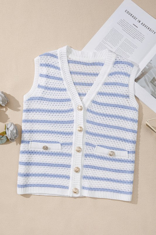 Stripe Buttoned V-Neck Sweater Knit Top