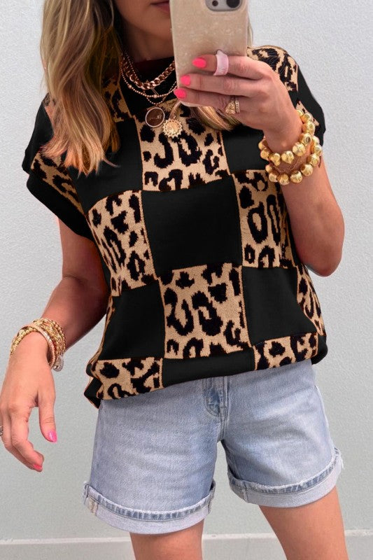 Leopard Checker Short Sleeve Knit Sweater