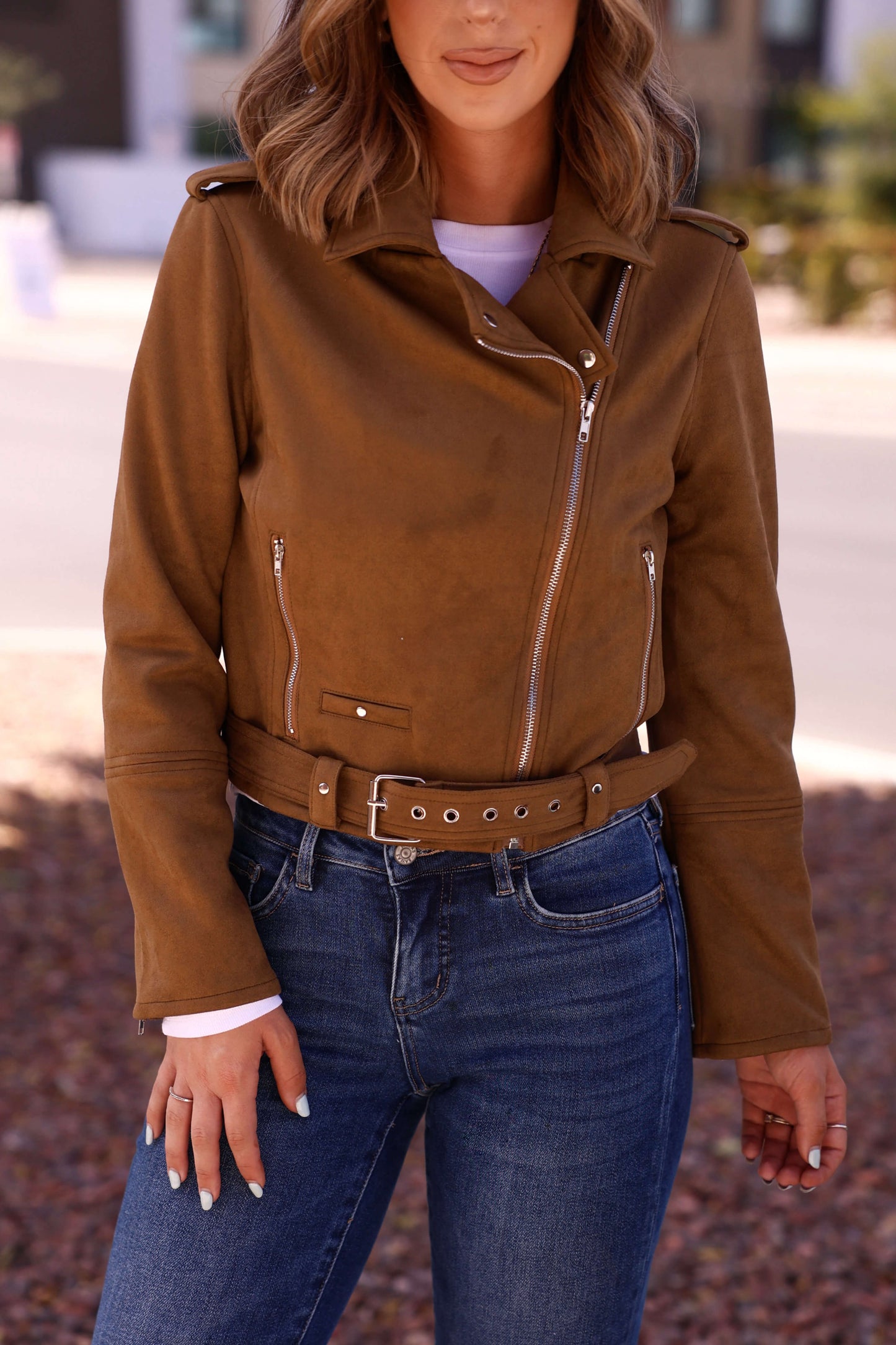 Audrey Taupe Vegan Suede Moto Jacket