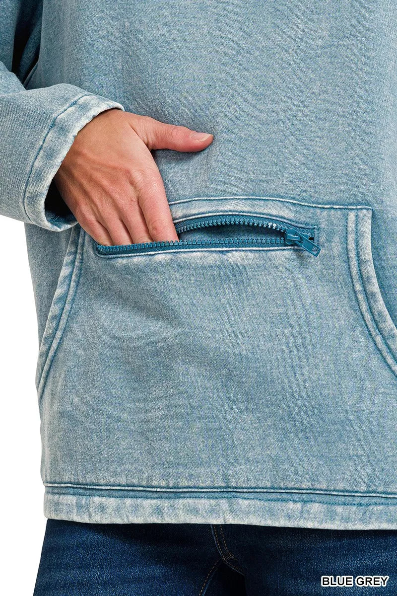 Fleece Washed High Neck Kangaroo Pocket Sweatshirt
