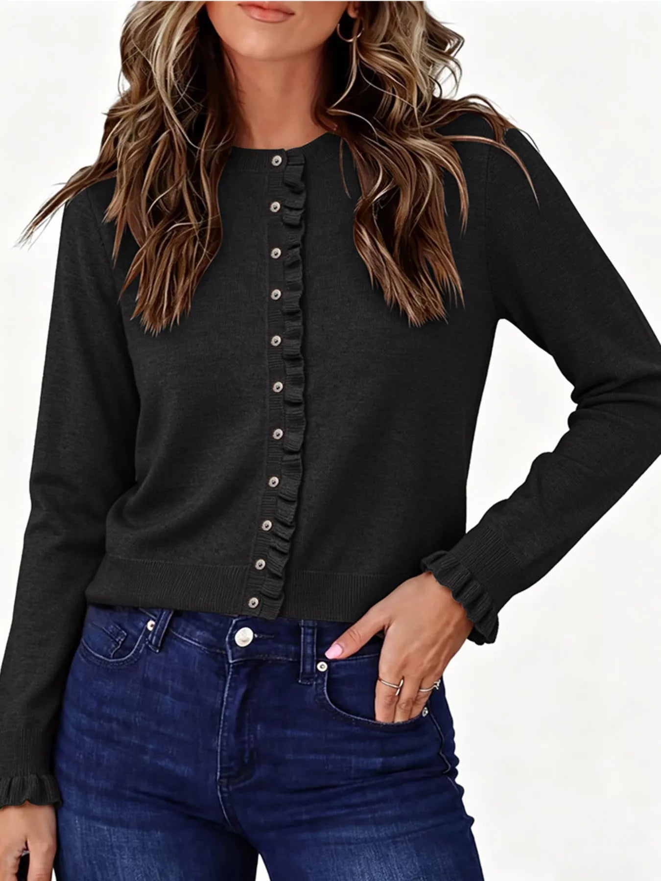 Ruffle-Trimmed Button-Down Knit Cardigan