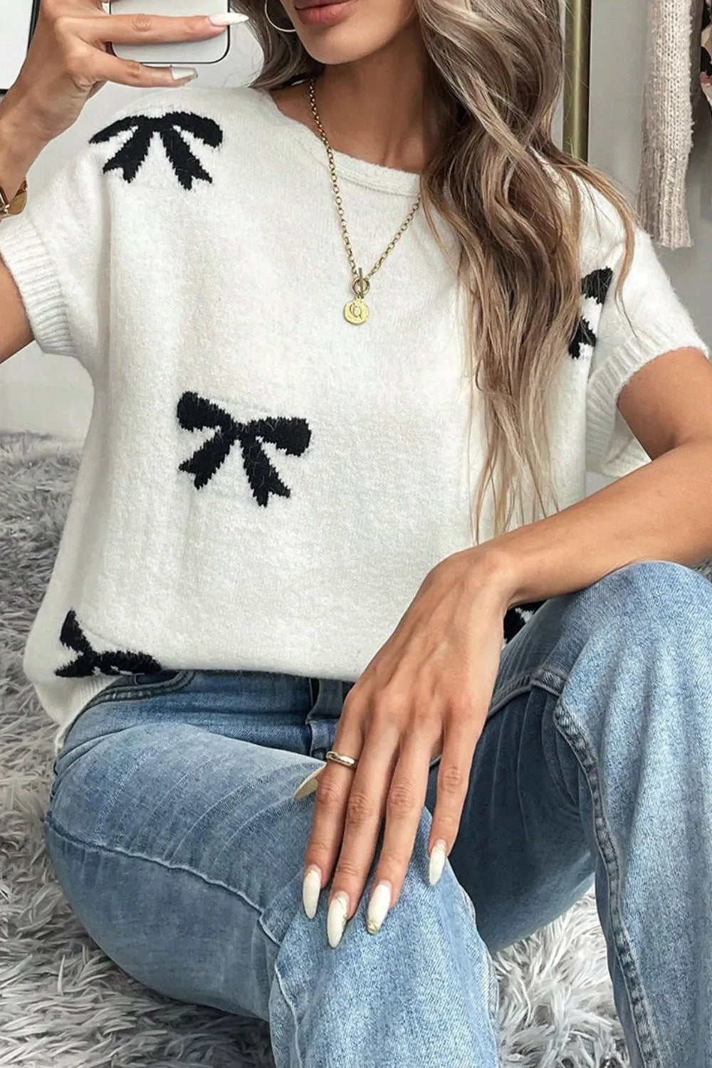 Bow Pattern Knit Short Sleeve Sweater