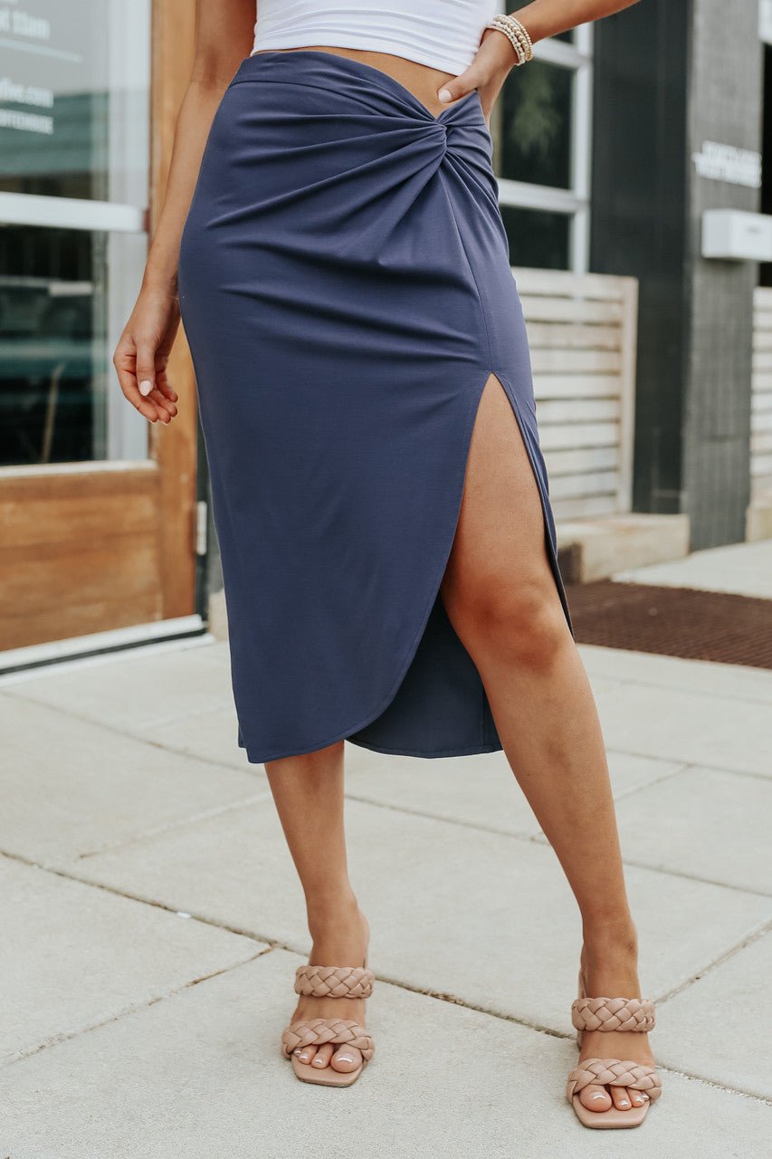 Asymmetrical Navy Faux-Wrap Knot Midi Skirt