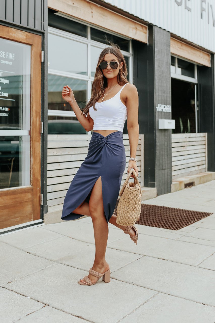 Asymmetrical Navy Faux-Wrap Knot Midi Skirt