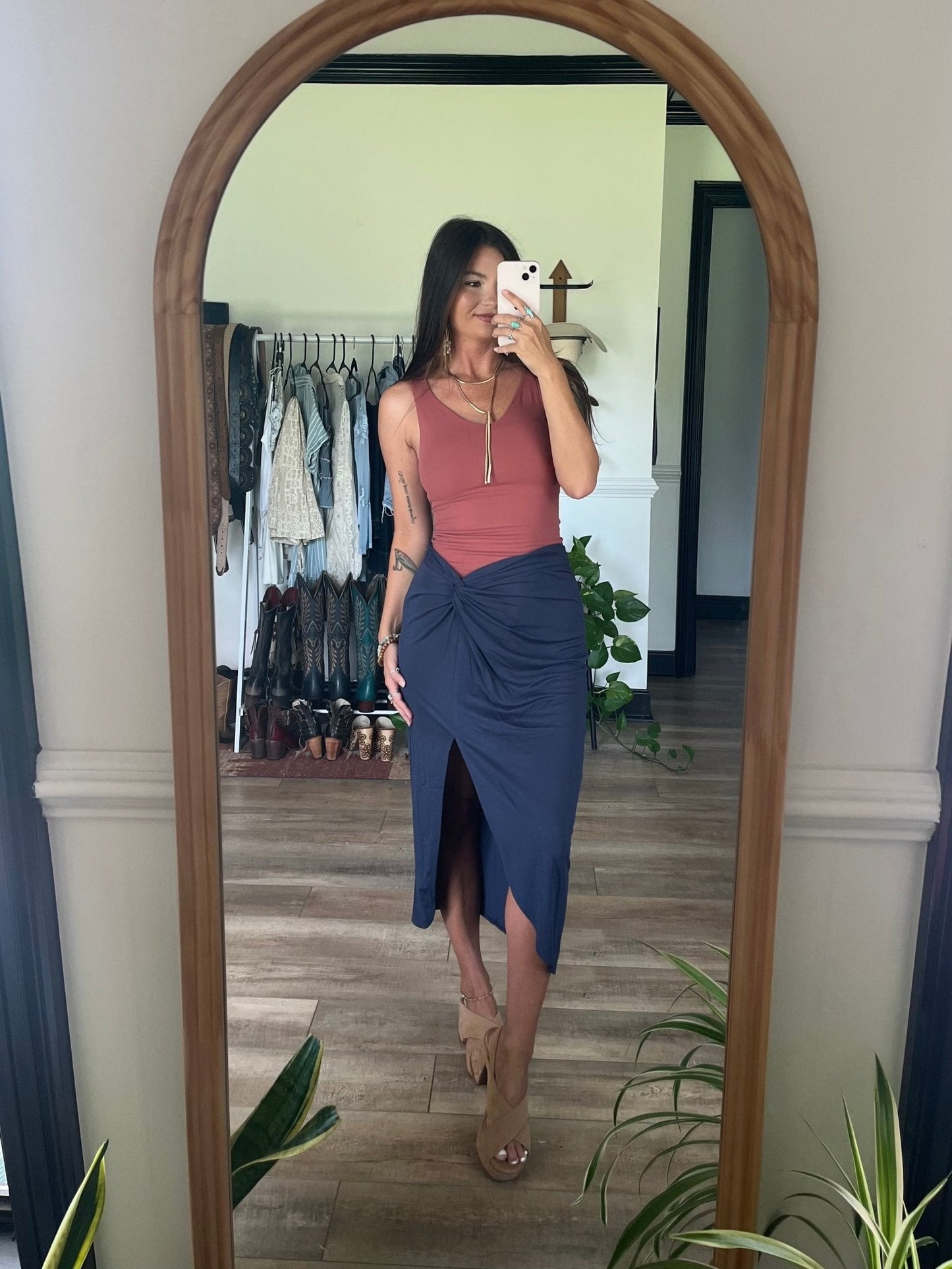 Asymmetrical Navy Faux-Wrap Knot Midi Skirt