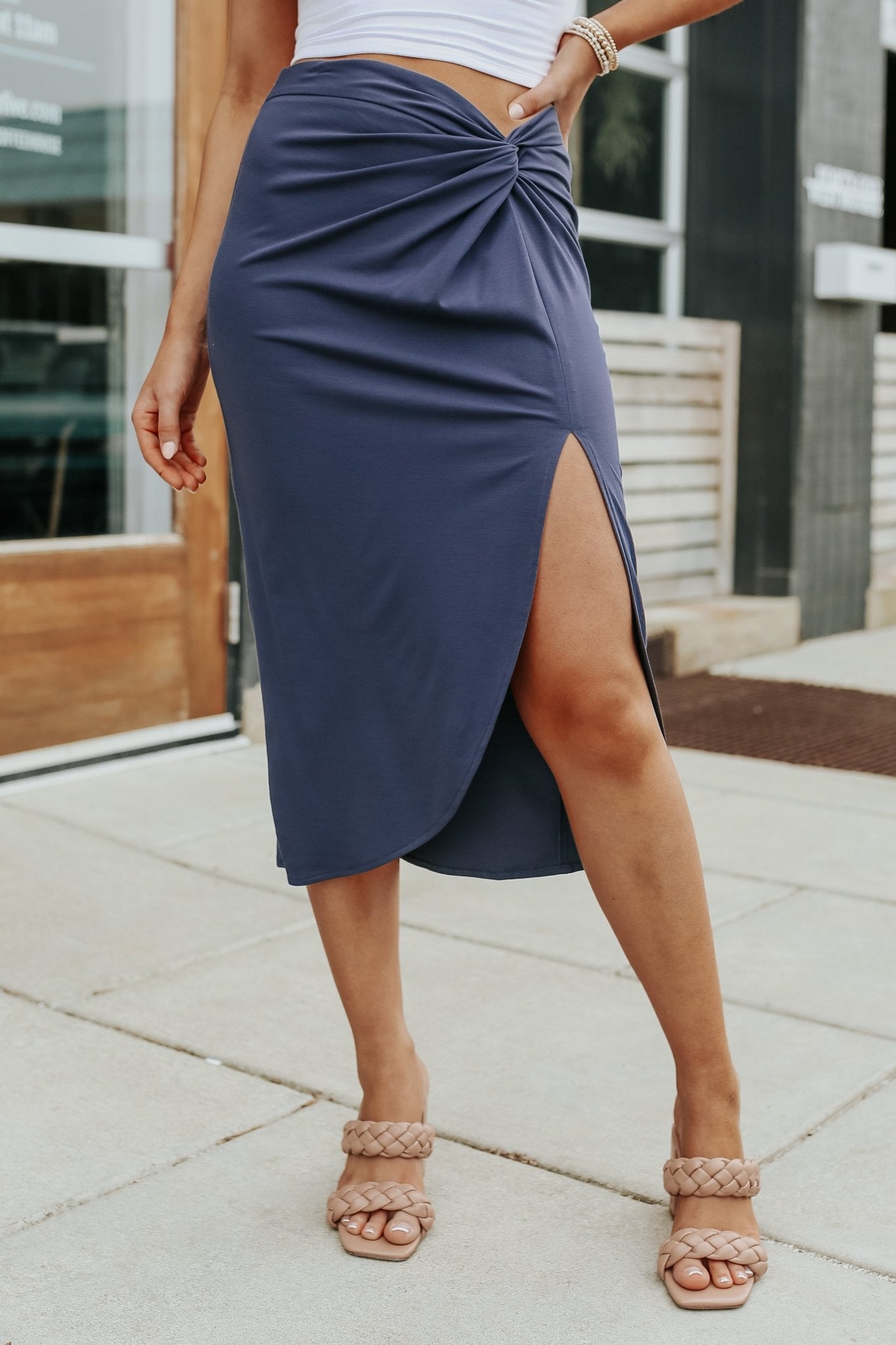 Asymmetrical Navy Faux-Wrap Knot Midi Skirt