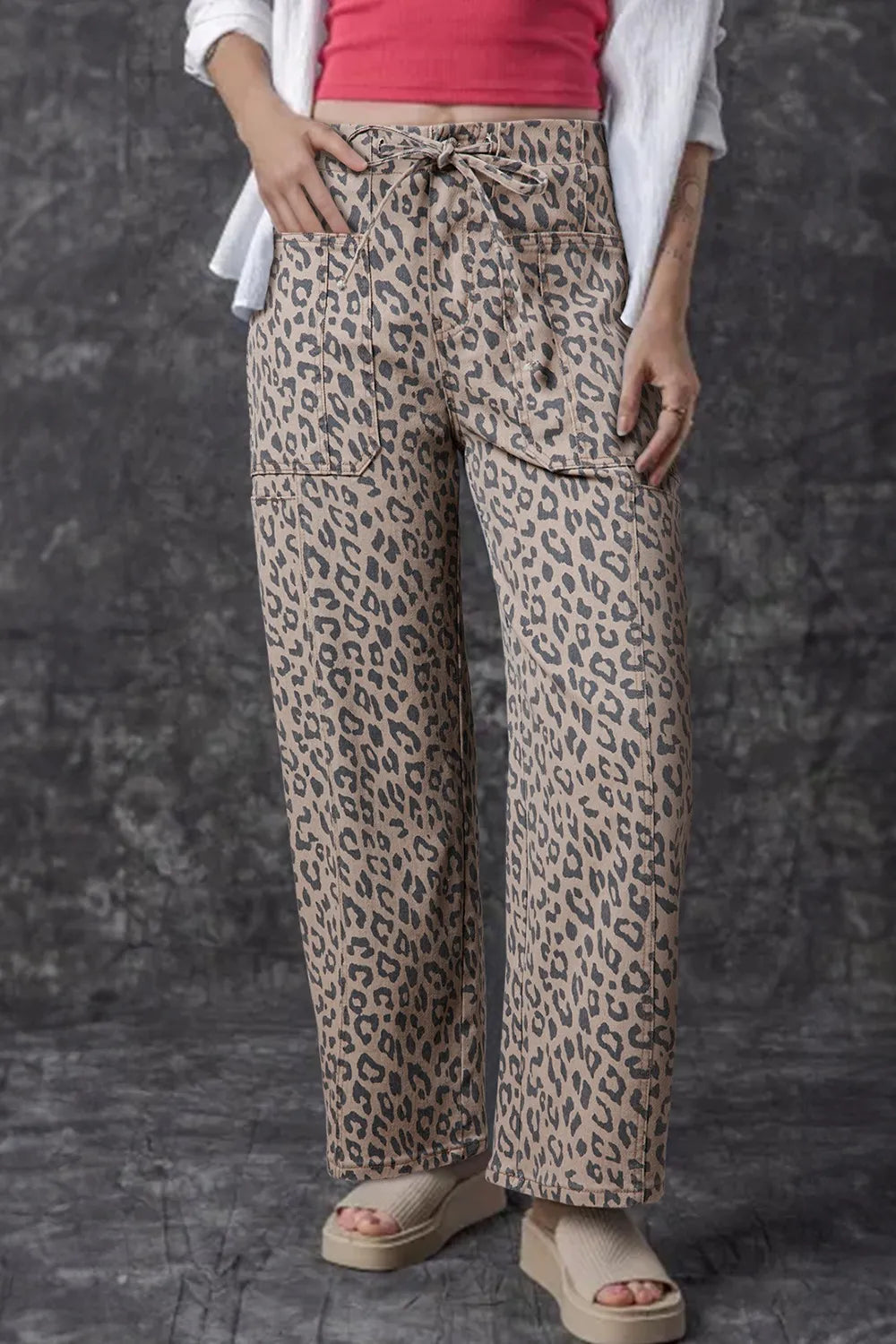 Leopard Printed Drawstring Waist Pocketed Wide Leg Jeans
