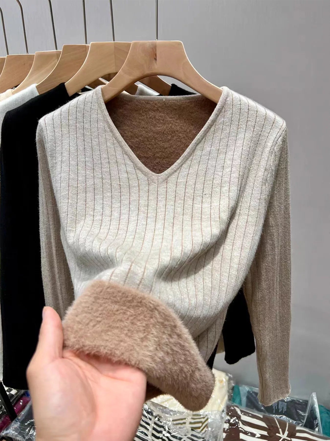 V-Neck Fleece Lined Ribbed Knit Top