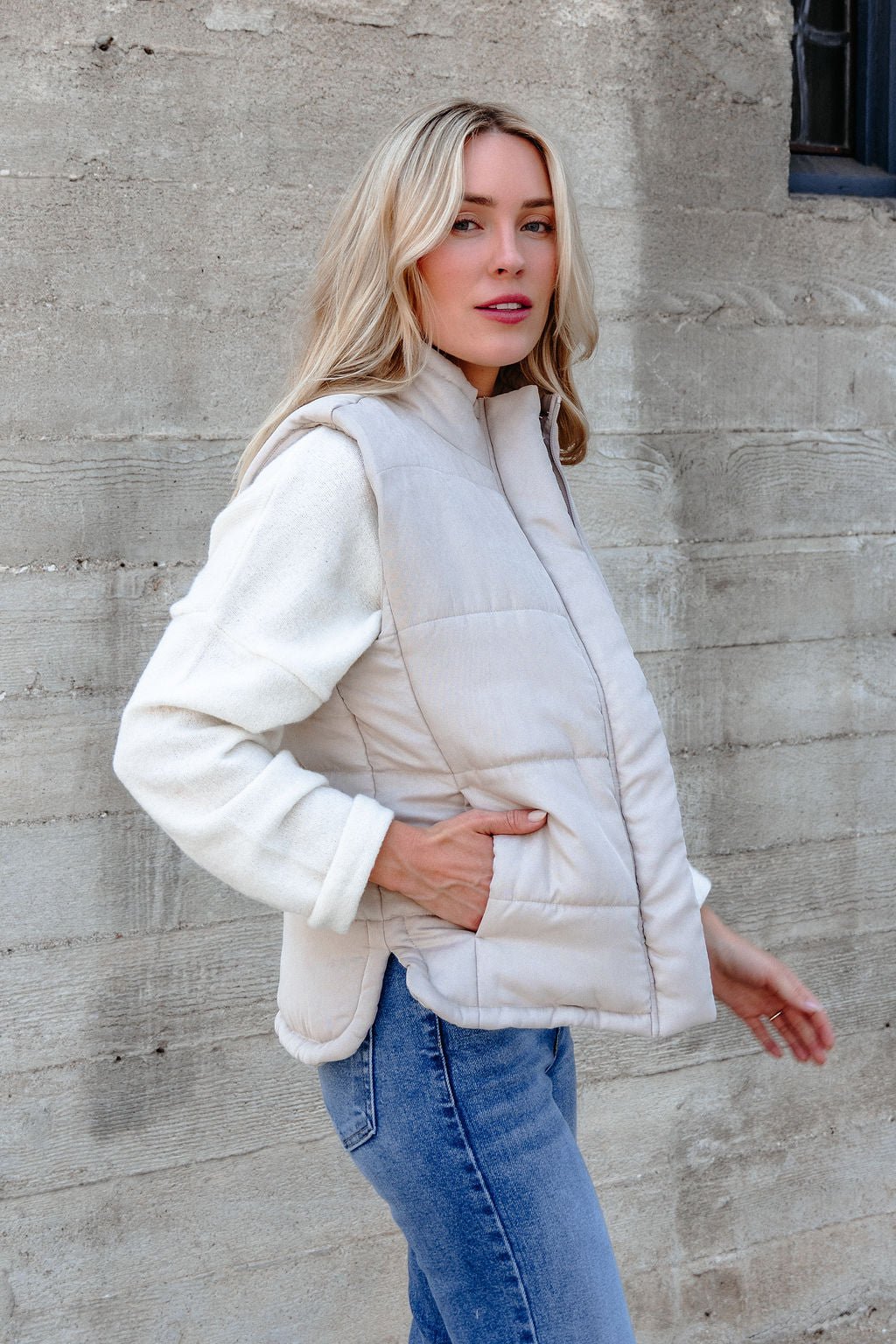 Beige Button Up Puffer Vest