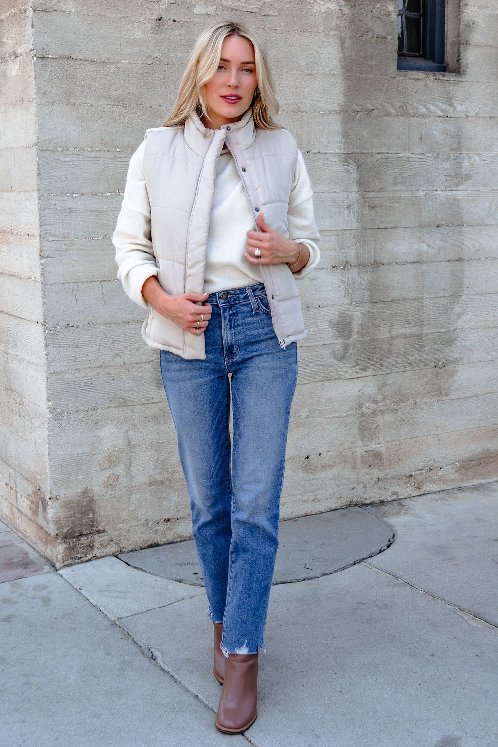 Beige Button Up Puffer Vest