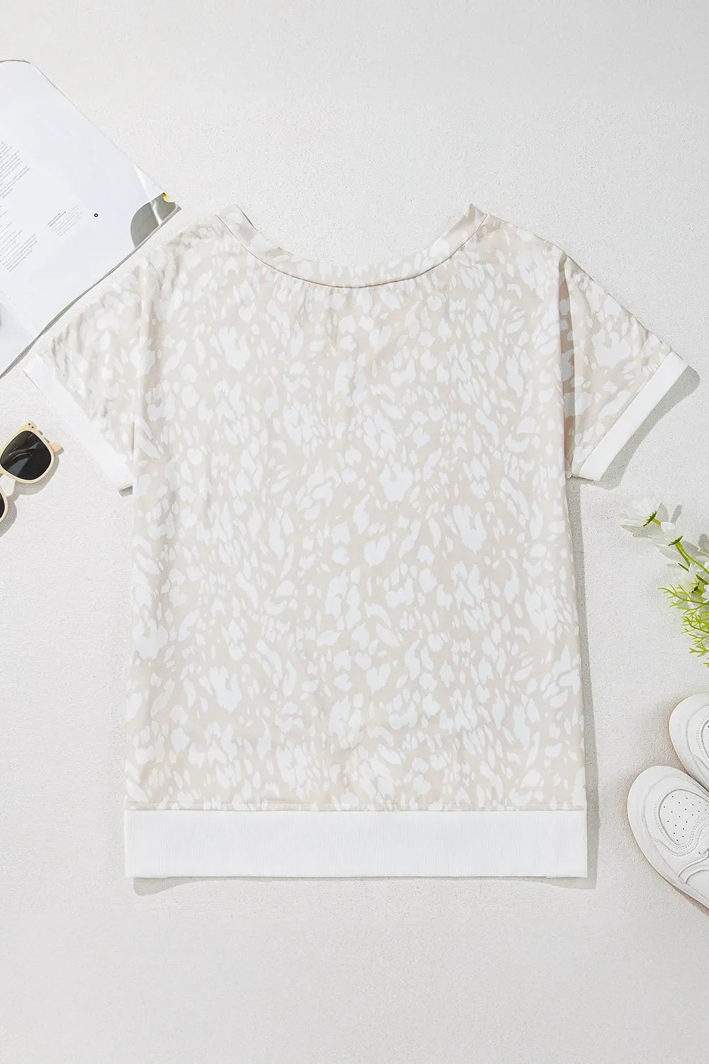 Leopard Print V Neck Side Slit Loose Fit T Shirt