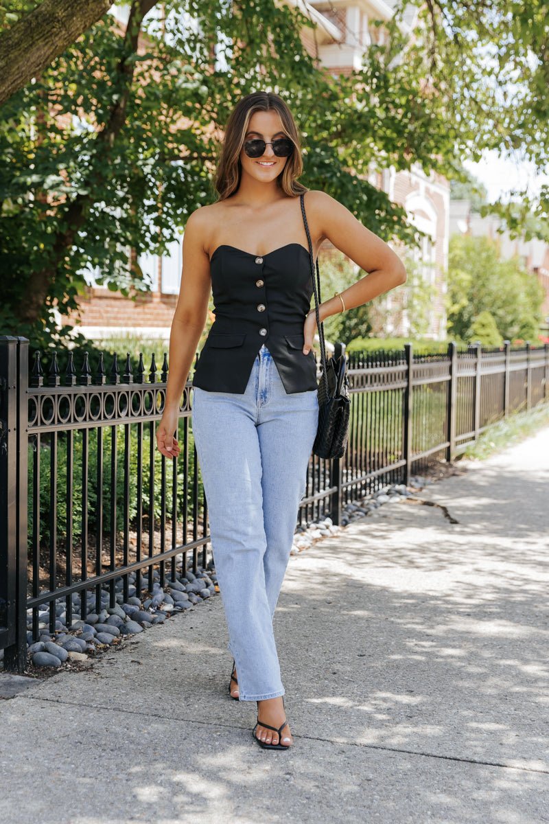 Black Button Front Tube Top
