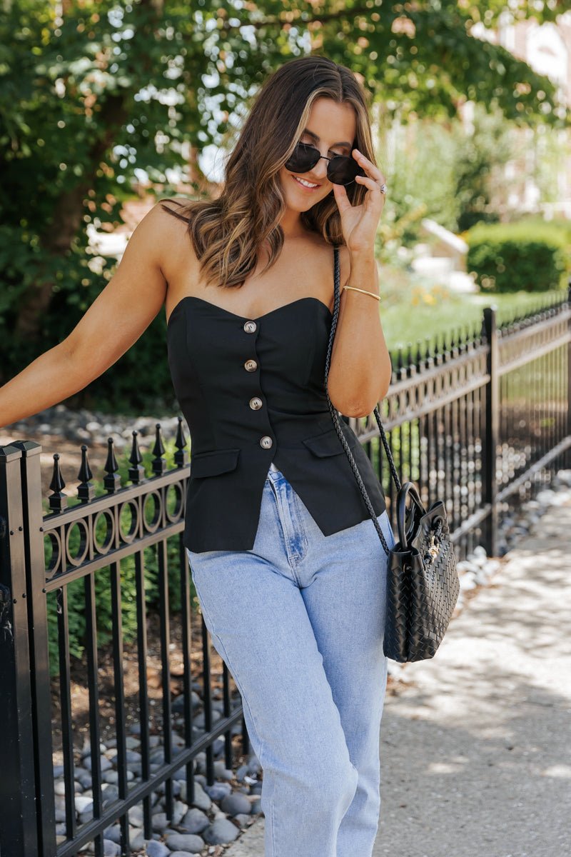 Black Button Front Tube Top