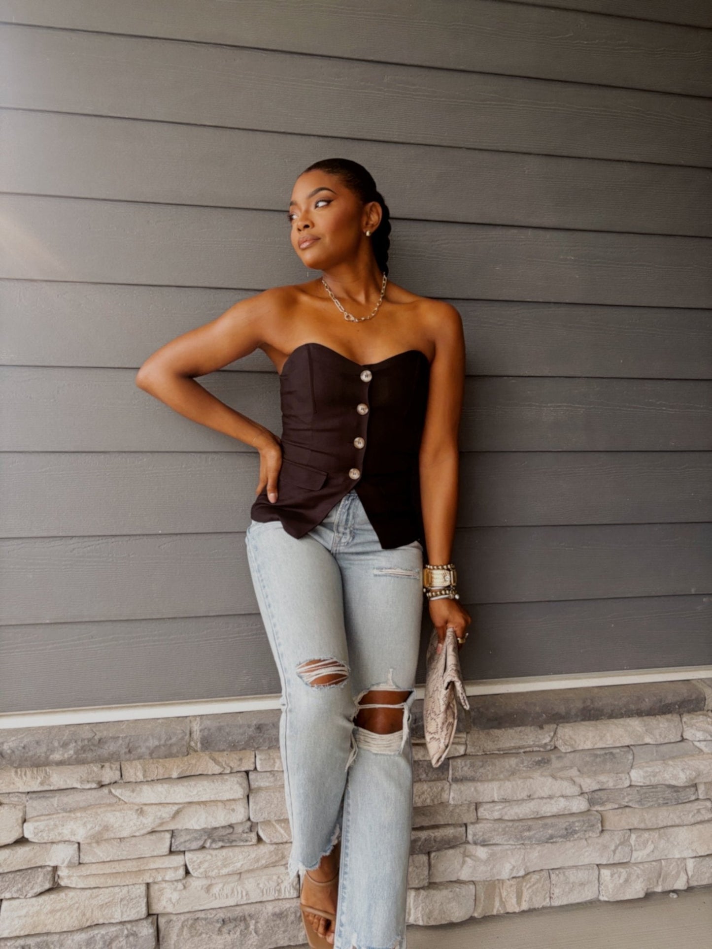 Black Button Front Tube Top