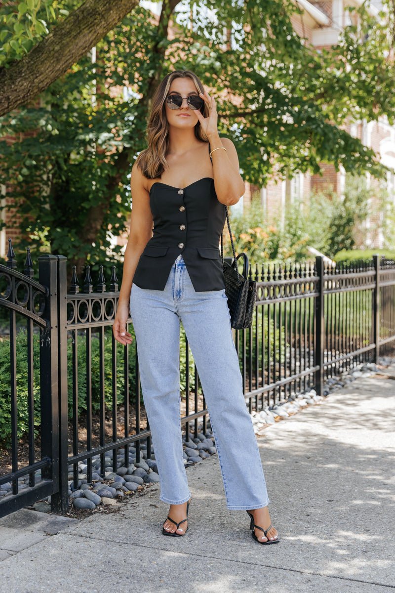 Black Button Front Tube Top