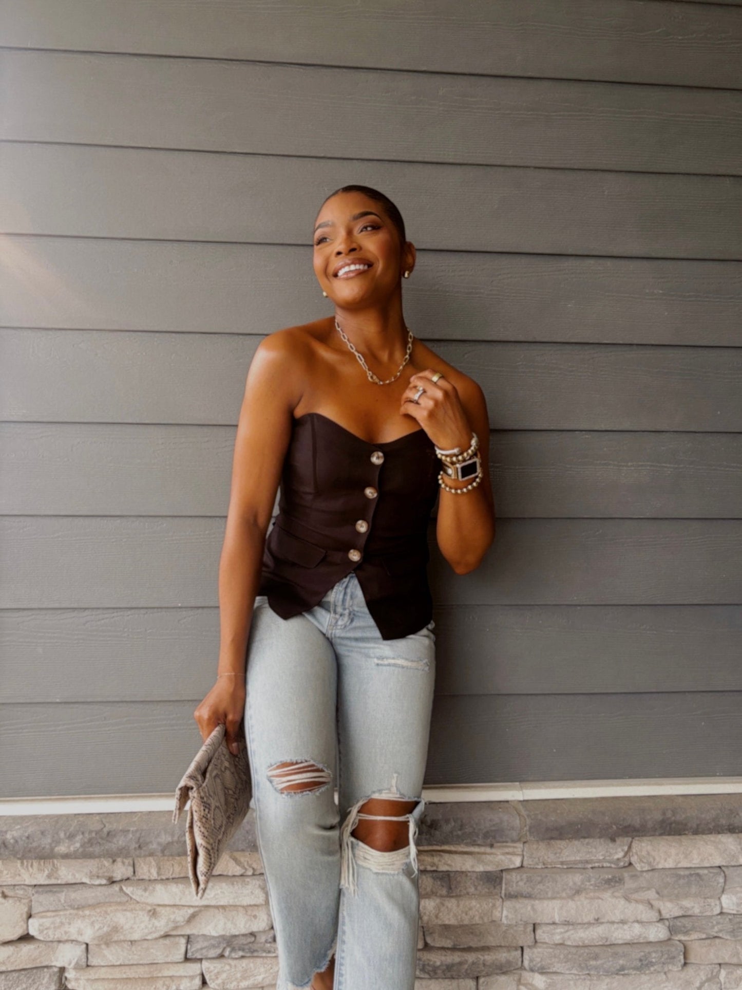 Black Button Front Tube Top