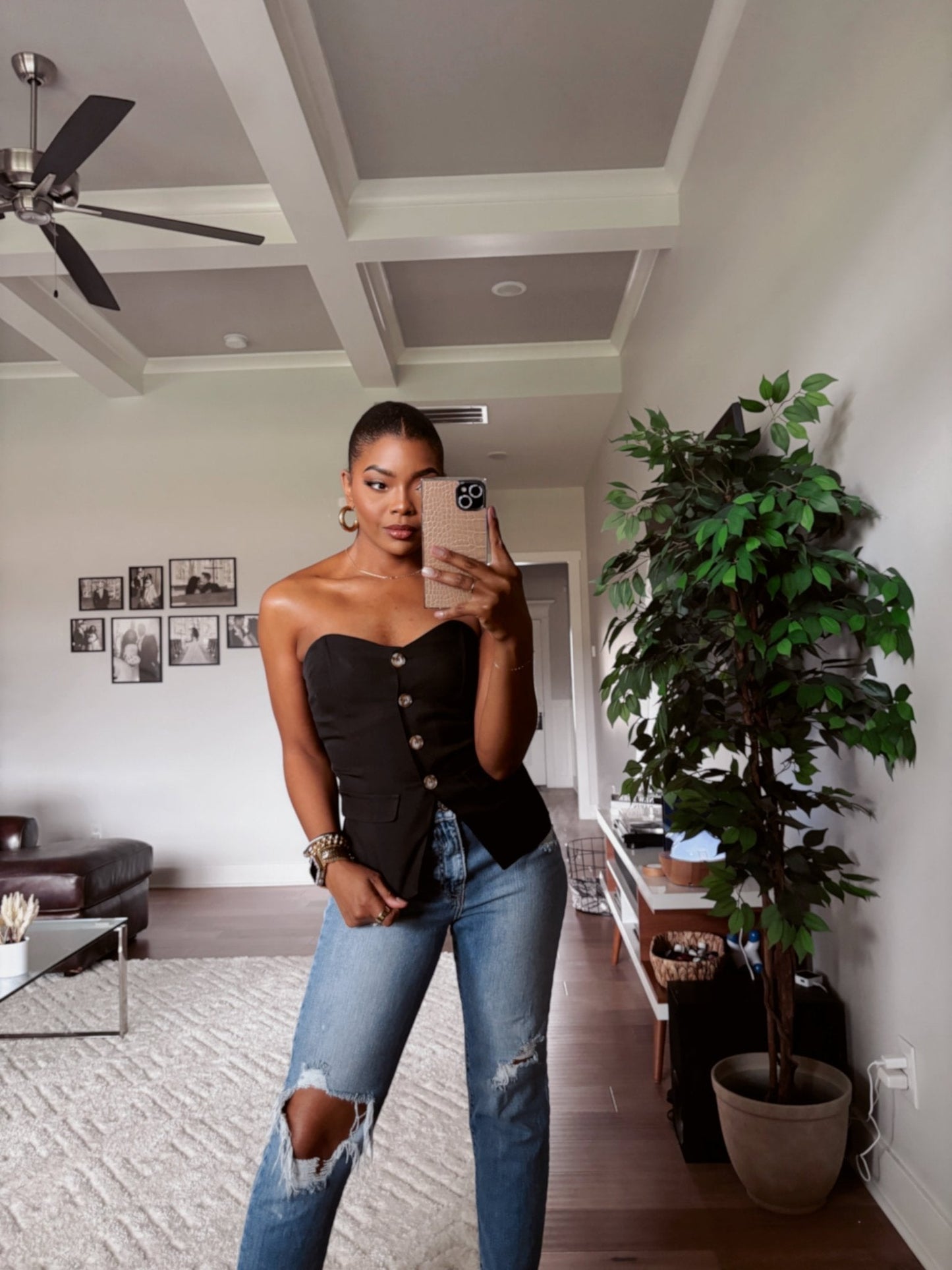 Black Button Front Tube Top
