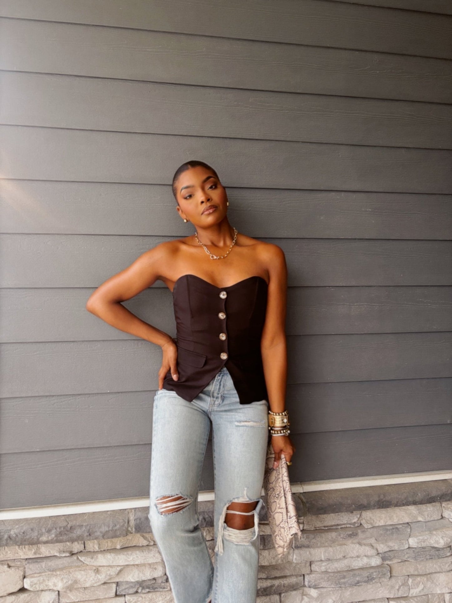 Black Button Front Tube Top