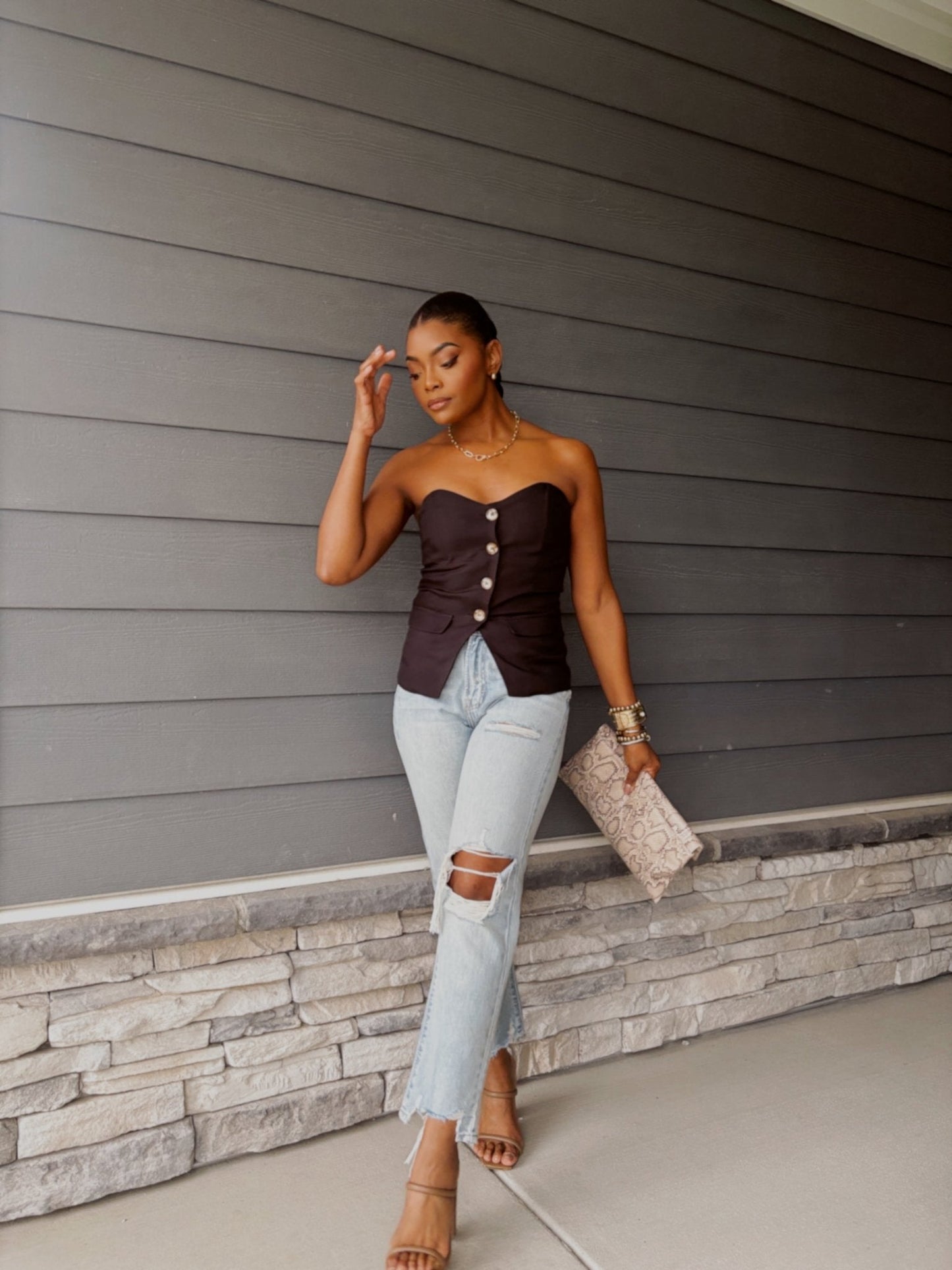 Black Button Front Tube Top