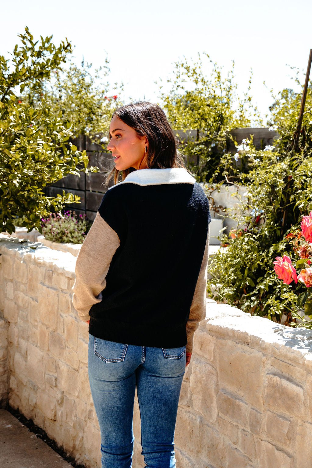 Black Color Block Half Zip Sweater