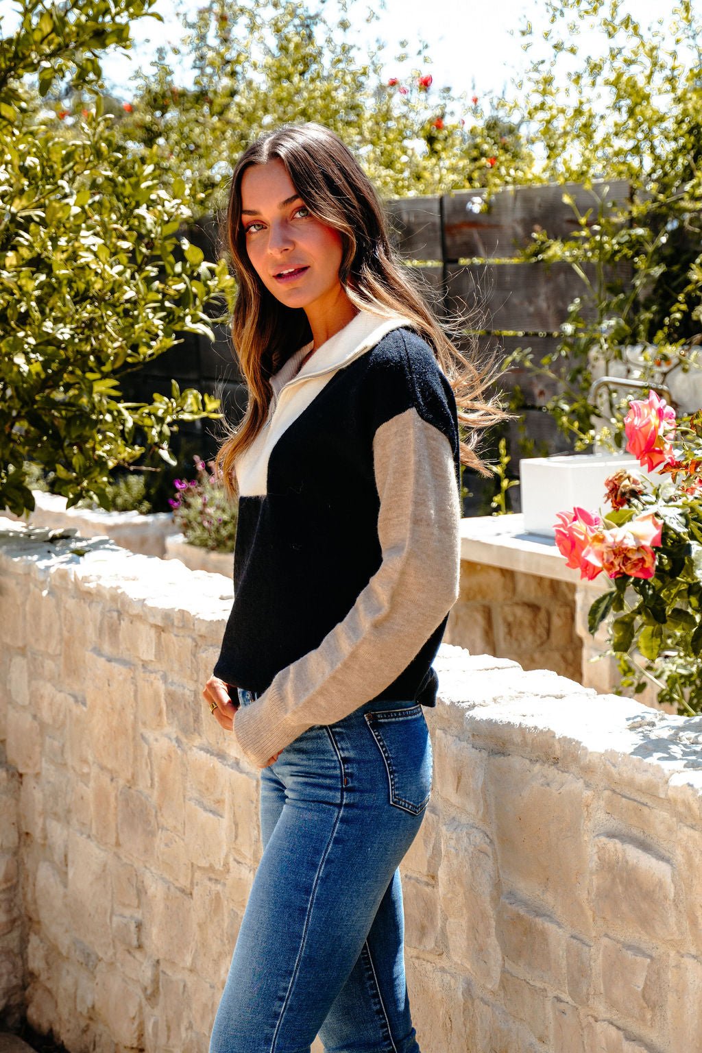 Black Color Block Half Zip Sweater