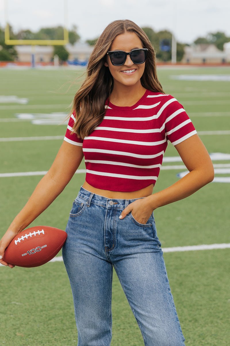 Burgundy and White Striped Cropped Sweater - FINAL SALE