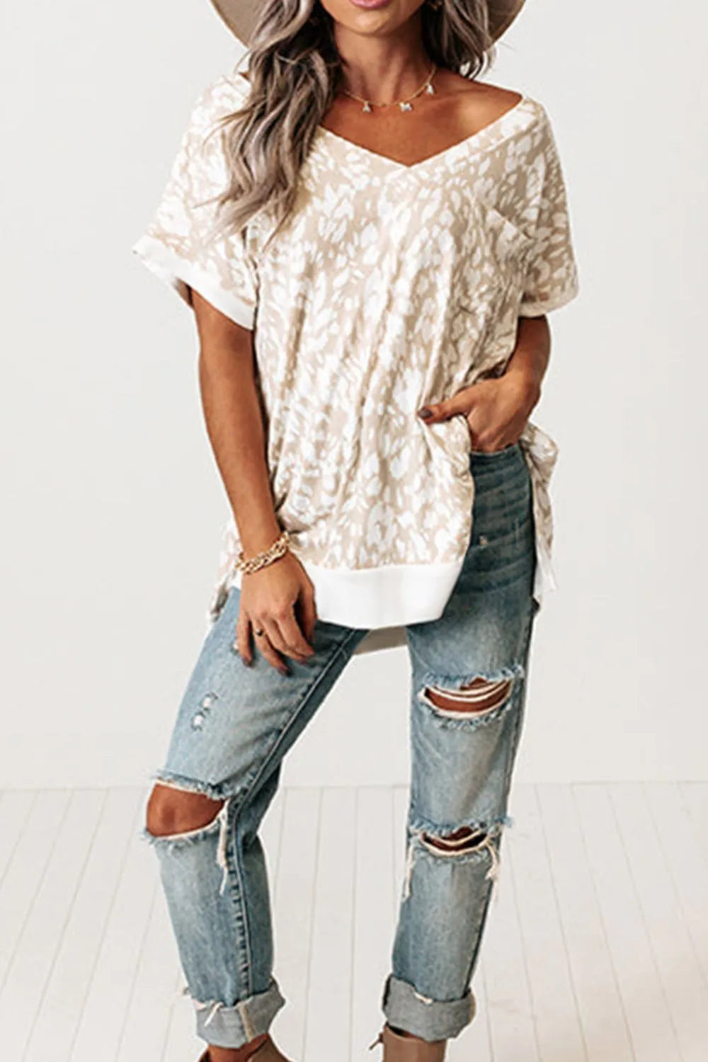 Leopard Print V Neck Side Slit Loose Fit T Shirt