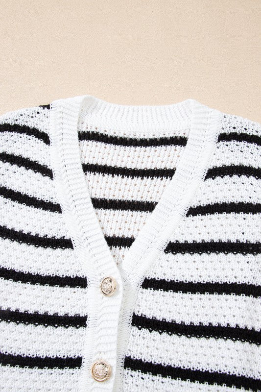Stripe Buttoned V-Neck Sweater Knit Top
