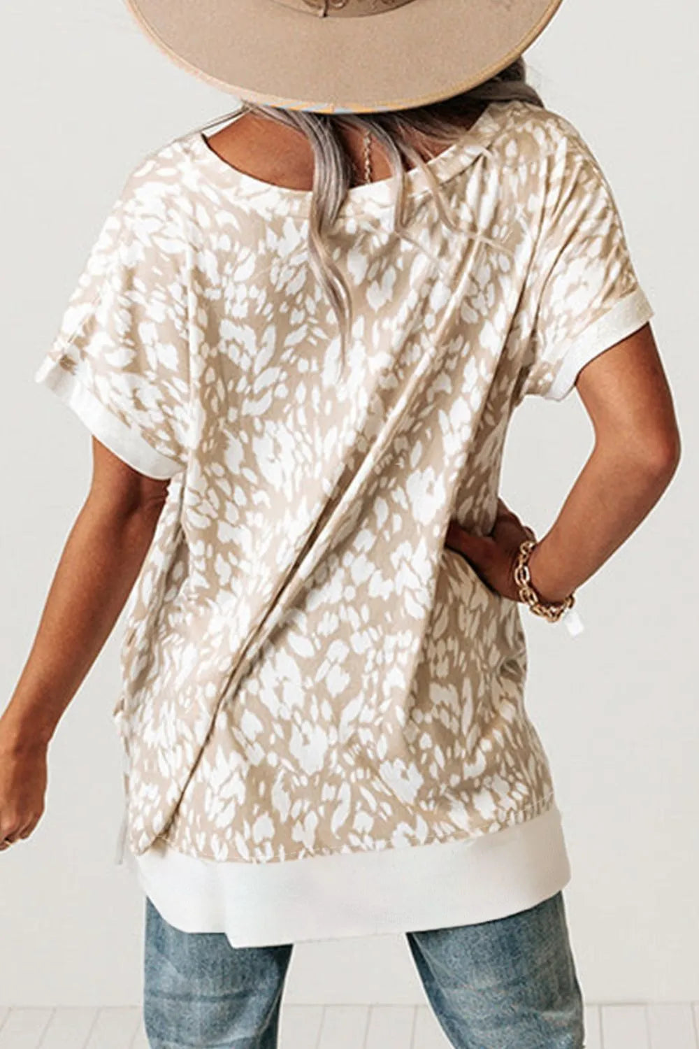 Leopard Print V Neck Side Slit Loose Fit T Shirt