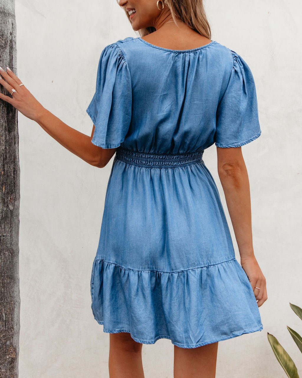 Chambray Split Neck Smocked Mini Dress